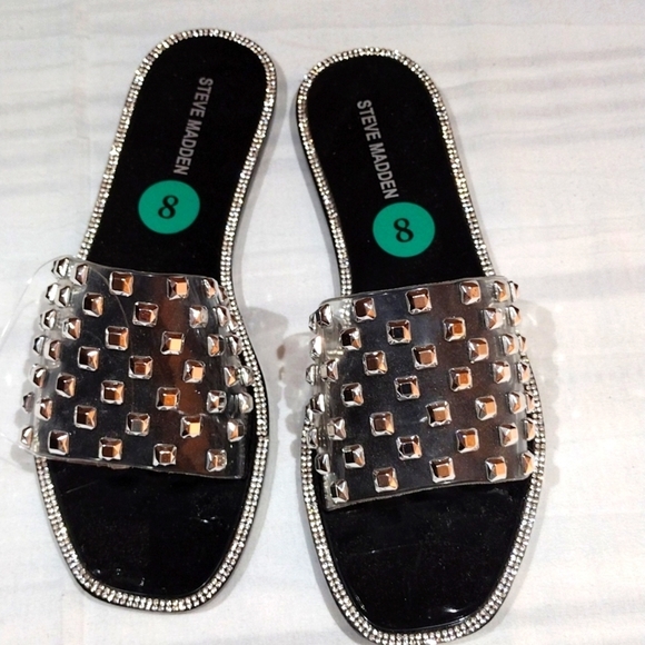 Steve MADDEN SZ 8 SLIDES FLATS SLIP ON DRESS SHOES  SILVER GLITTER  ACCENTS  NWT - Picture 1 of 9